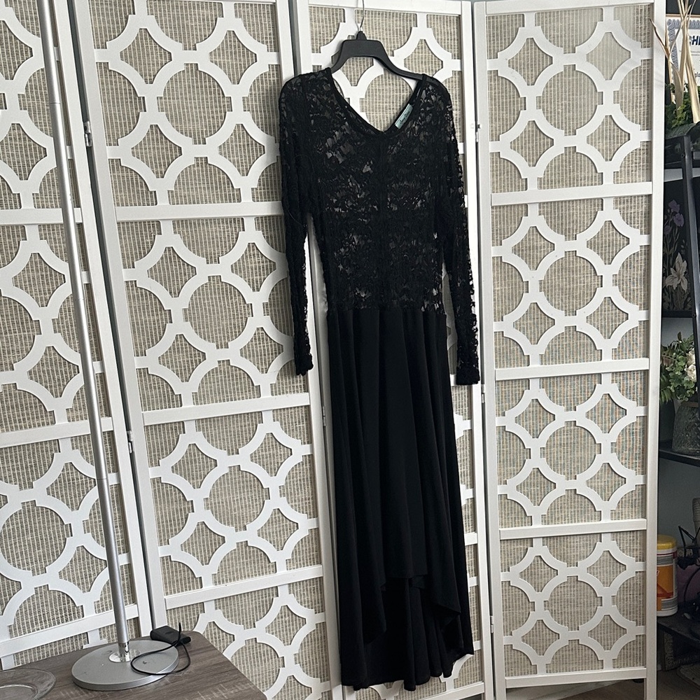 Elegant Black Stretch Lace High Low Evening Dress XL